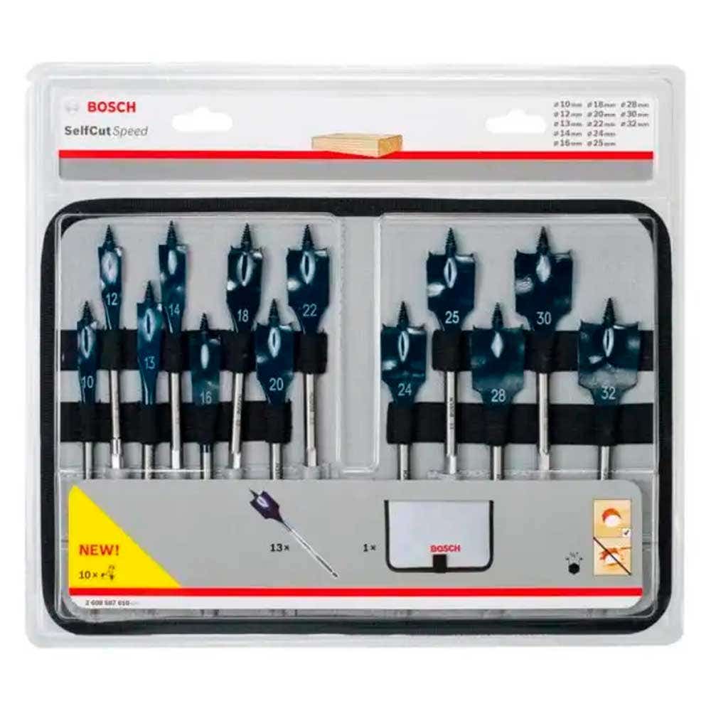 Kit Brocas Chatas Encaixe 1/4 POL p/ Madeira Estojo 13 Peças 10-32 MM X 152 MM BOSCH