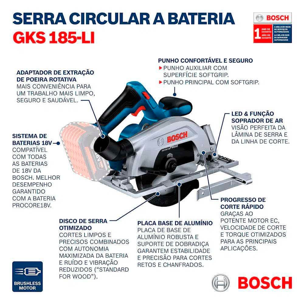 Serra Circular 7.1/4 Pol a Bateria 18V GKS 185-LI com Bateria 2,0 Ah BOSCH