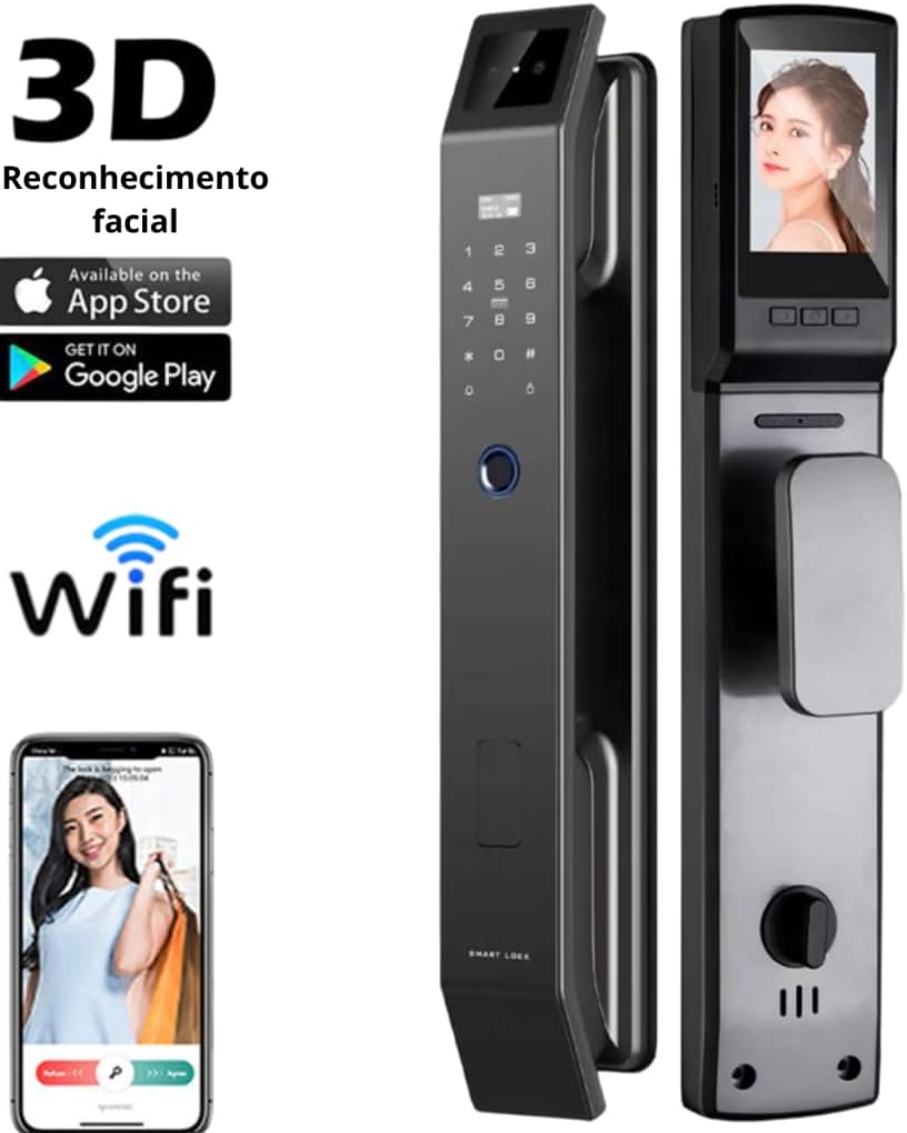 Fechadura eletrônica inteligente câmera, reconhecimento facial 3D, Digital Biométrica