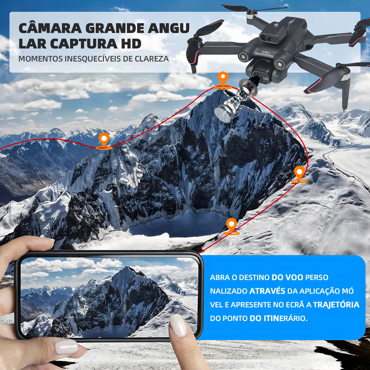 Drone com Câmera HD, Controle Remoto, Sensor de Obstáculos, 2 Baterias 3.7V 1800mAh