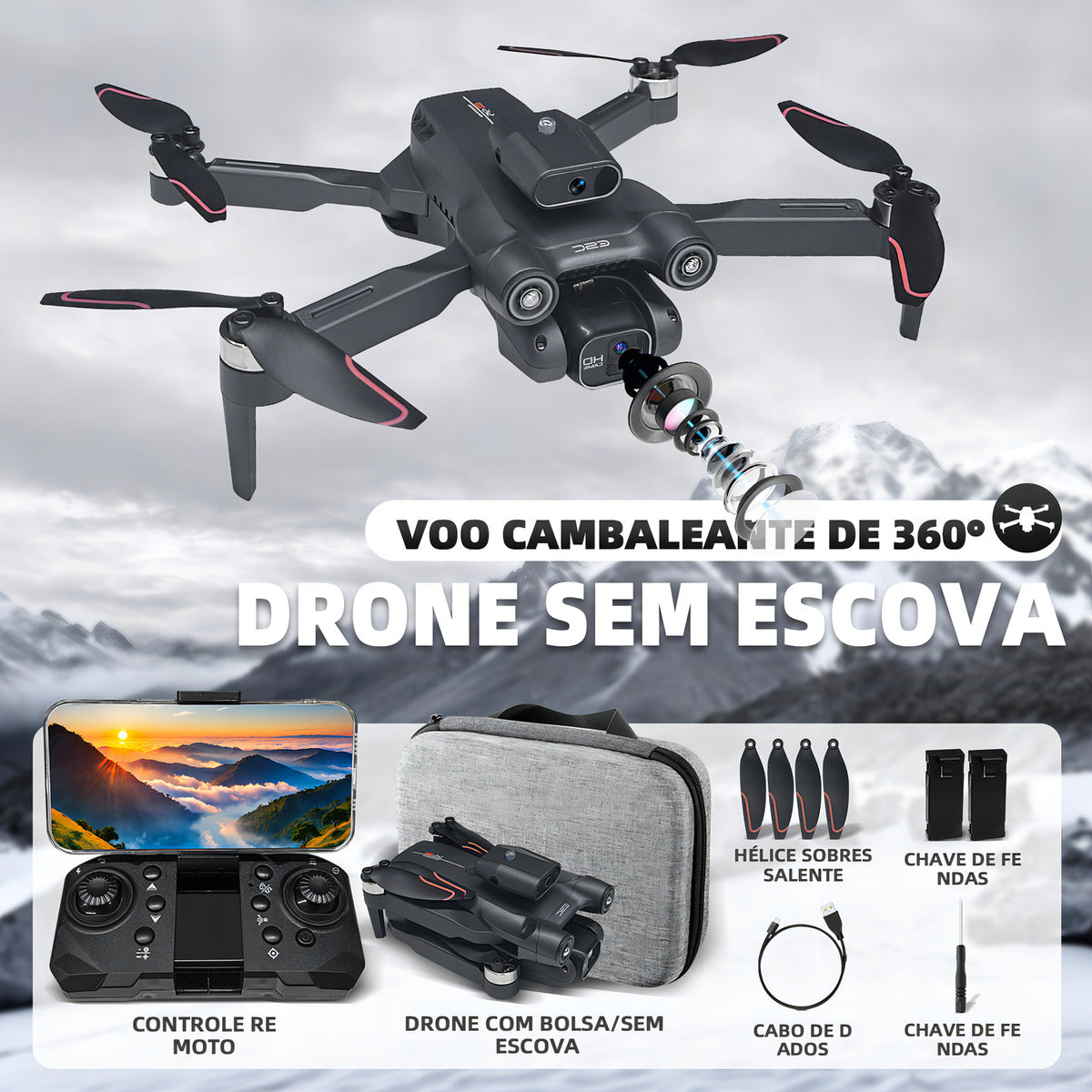 Drone com Câmera HD, Controle Remoto, Sensor de Obstáculos, 2 Baterias 3.7V 1800mAh