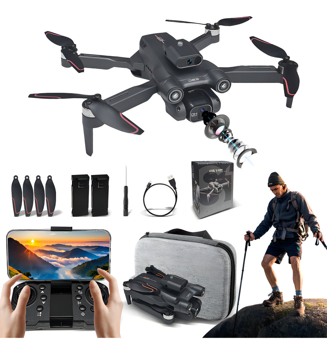 Drone com Câmera HD, Controle Remoto, Sensor de Obstáculos, 2 Baterias 3.7V 1800mAh